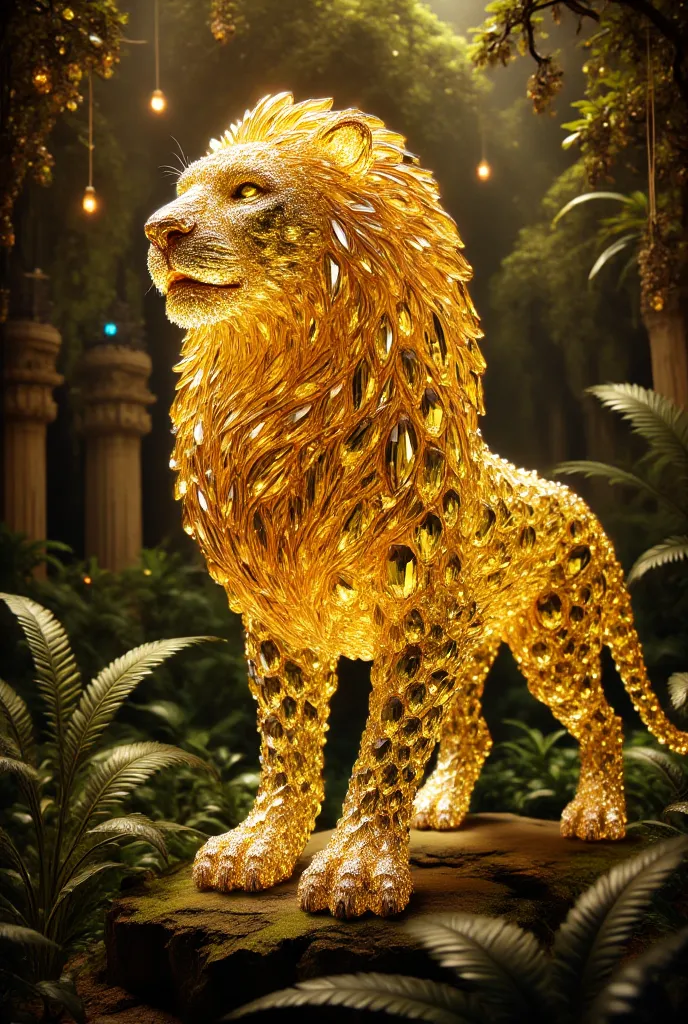 a golden giant diamond lion, photorealistic 8K, detailed anatomy, majestic pose, flowing mane, powerful muscles, intricate fur texture, lush jungle environment, dramatic lighting, cinematic composition, epic fantasy, digital art, 4K, HDR, studio lighting, ...