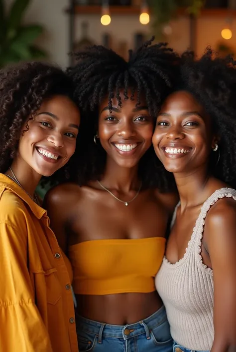 Une photo de trois meilleures amies noires qui : Carina la brune, grace brune mais pas très et Judith moins brune que grâce pour un groupe whatsapp 