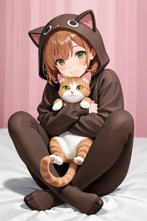 top quality , detailed face , cute face, Masterpiece ,cat costume, brown cat, hugging cat