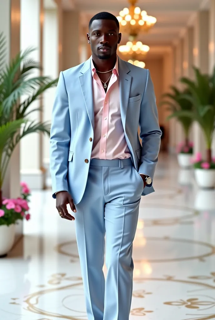  A african muscular man ,  short black hair eclectic physique ,  muscular.  He wears a  linen coat in sky blue pure linen  suit consisting of  tailoring pants ,  combined with a linen light pink shirt ,  who adds a casual touch to the look .  Her accessori...