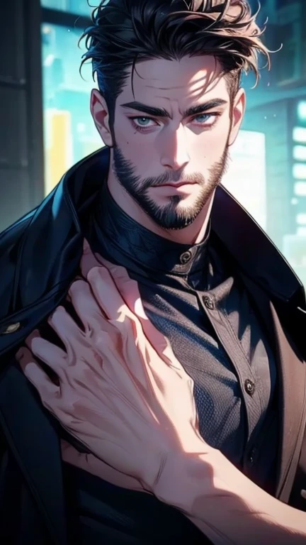 (  idiot,4K,8k,   highres,  masterpiece:1.2),  ultra-detailed,(Realistic,photoRealistic,photo-Realistic:1.37),36-year-old man,3 day beard,cute anime ,Portraits,strong,masculine,   dark hair,sharp jaw,      mesmerizing eyes      ,   perfectly combed hair,  ...