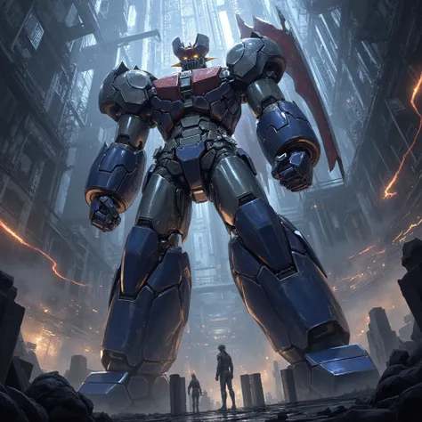  Modified Mazinger Z ,  Mazinger Z is 100 meters tall.  steel ,   Carbon Fiber  ,   Other industrial elements are also visible  ,  Just like the real thing  ,   I'm standing ahead at the height of a high-rise tower where high voltage current flows and emit...