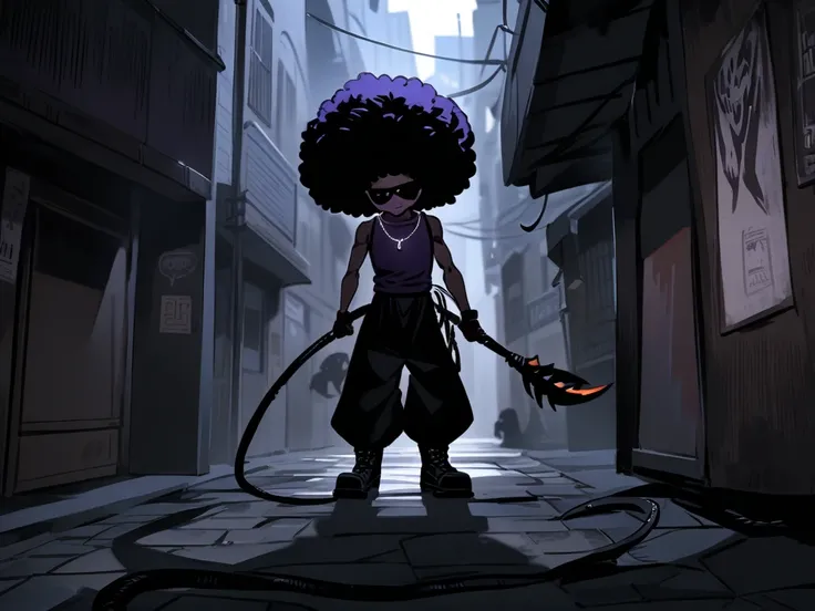 In a dark, urban, graffiti-covered alley, a narrow, dimly lit street sets the stage for a tense combat scene. At the center, Scorpion de Prata (1.85m tall, athletic, with Afro braids, wearing dark purple sunglasses, a dark purple tank top, black baggy pant...