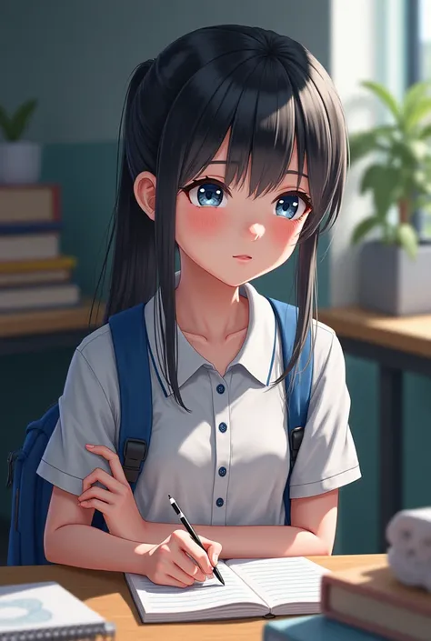 Girl with black hair tied black eyes with blue backpack. White polo shirt sitting in a school folder 
