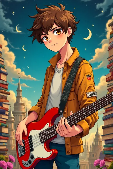 I want a male anime character who likes history and astronomy and Russia and books and playing bass guitar as a habit he has brown eyes and hair ,i want the art style to be like Scott pilgrim art 