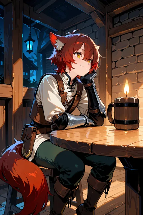 masterpiece:1.2, 8k resolution, ultra-detailed, highly detailed, detailed texture:1.4, cinematic lighting, atmospheric depth, balanced lighting, warm and lively tavern atmosphere, beastkin male character, youthful and energetic appearance, face partially o...