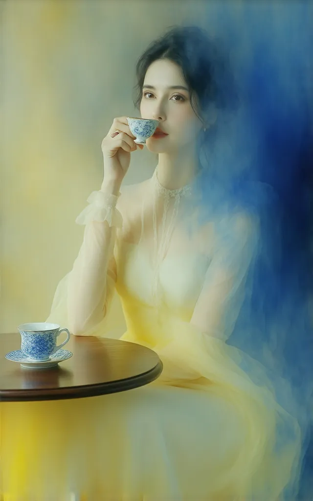 uma  Woman com expressão soturna, sitting em uma Mesa, tomando uma  Cup of tea , em um cenário no  Wonderland , shades of blue and yellow, Woman, portrait,flowing dress,sitting,detailed face,dark look, Cup of tea ,Mesa, Wonderland ,blue and yellow scenery,...