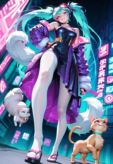   Hatsune Miku, ,long hair,twin tails from above , chest,  pink eye,  video viewers ,hip vent ,hair clips, bangs, Tying up hair ,  Sandals on the skin  , choker, big goggles on the head,kitten, Future Neon City,purple clothes ,dynamic pose,smile, Gold,kitt...