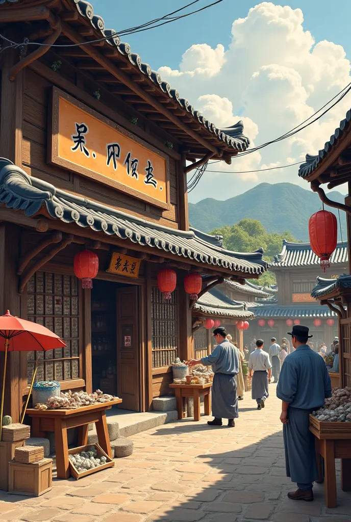 "Create a vintage Korean marketplace scene from 1938, featuring an old trading shop with a wooden signboard displaying 'Samsung' in Korean. The store sells sugar, dried fish, and daily goods. The environment should feel historical, with people wearing trad...