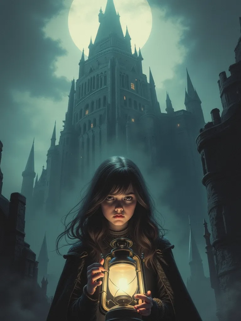 drkfnts style, a portrait of a mysterious girl with piercing eyes, standing in front of a massive, dark castle. Her expression is solemn and determined, with subtle hints of vulnerability. She has long, windswept hair, and her face is partially illuminated...