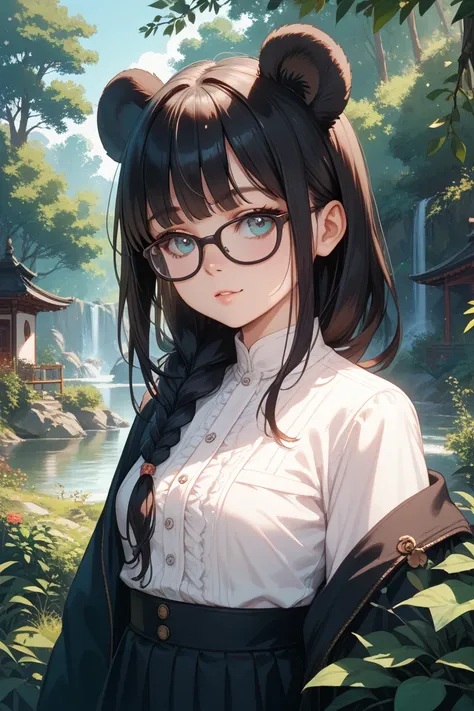 Panda Eared Girl Slightly Lori Black Hair Straight Long Glasses