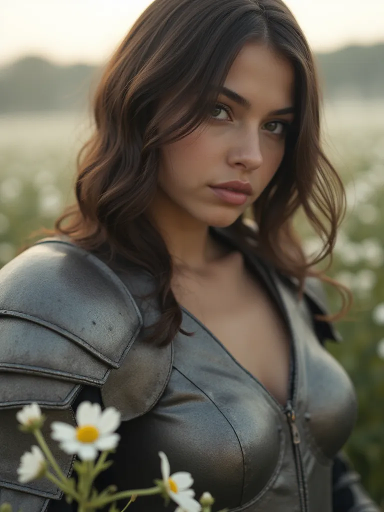 Low mist, misty sun,brunette warrior girl,facing viewer,medieval armour,Waling through field of flowers,heavy snow,Natalie dormer, Ethereal,Portrait,Closeup, portrait,girl posing,Closeup candid photo,Hailee steinfeld  and Maddison beer ,,Closeup,Young ,Vol...