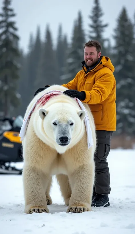 A large polar bear stands on a snowy landscape, appearing calm and resilient despite a treated wound on its back. A white cloth, stained with blood, is draped over its back, likely used to protect and cover the healing injury. The bear's thick white fur co...