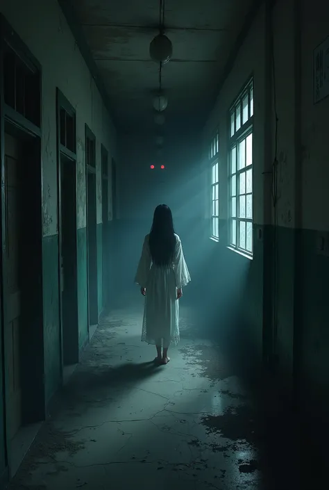 "Horror anime keyframe, haunted abandoned Japanese school at midnight, dark decaying corridors with glowing red eyes lurking, pale ghost girl with long black hair (tattered white kimono), eerie mist, muted desaturated colors, highly detailed textures (crac...