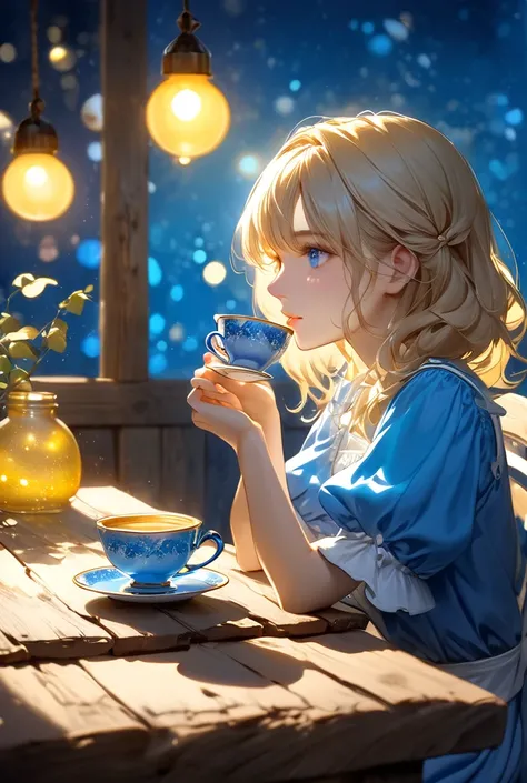 a scene from Alice in Wonderland, dark expression , sitting at a table drinking a cup of tea, shades of blue and yellow, 4K,  realistic painting ,  studio light,  vivid colors, bokeh