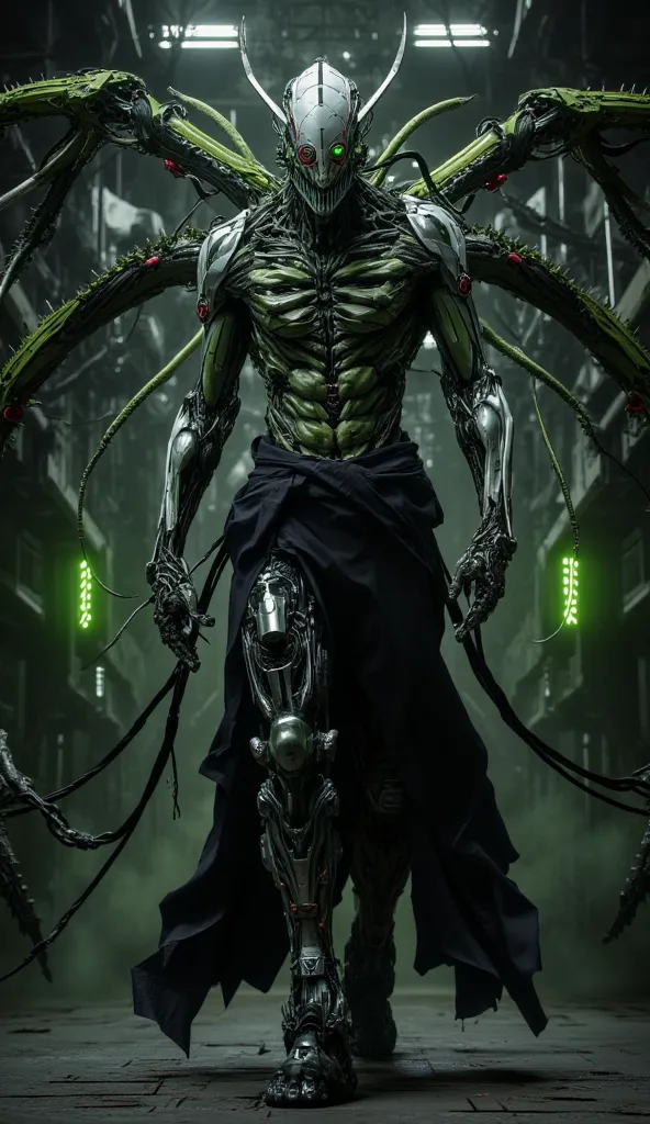 Hyper-realistic image. High quality, 8K Ultra HD. Jigsaw (John Kramer) mutated by the green pepper virus, turned into a bio-robotic abomination that fuses his obsession with macabre games with vegetal biomechanics. He walks with a hunched, sinister gait. H...