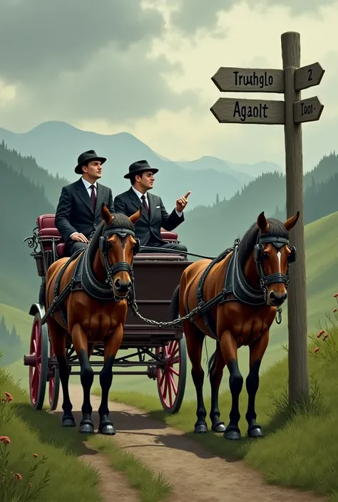 Create an image of two men in a carriage deciding between 2 paths 