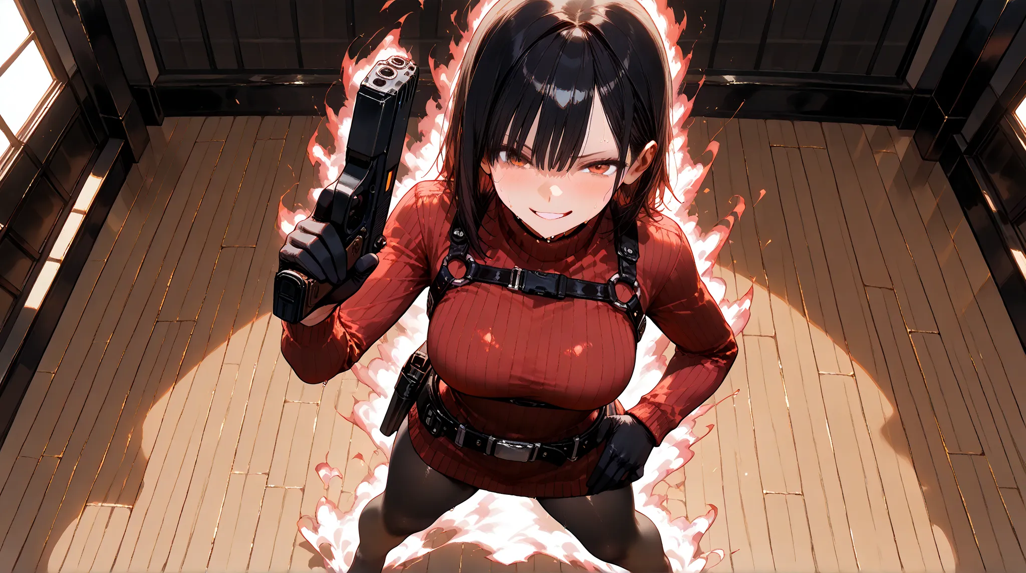 (drsizukachan1,, red sweater, turtleneck, harness, pantyhose, black gloves, belt),(aura powers),(smirk),((holding a gun)),(sweaty), (sexy pose),((barefoot)),(old dojo),((view from behind above)), shiny skin, (deep eyes), (looking to the viewer), night day,...