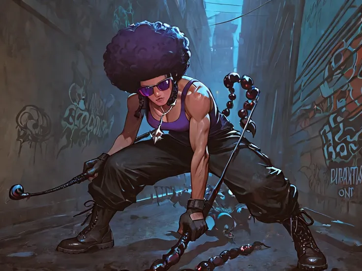 In a dark, urban, graffiti-covered alley, a narrow, dimly lit street sets the stage for a tense combat scene. At the center, Scorpion de Prata (1.85m tall, athletic, with Afro braids, wearing dark purple sunglasses, a dark purple tank top, black baggy pant...