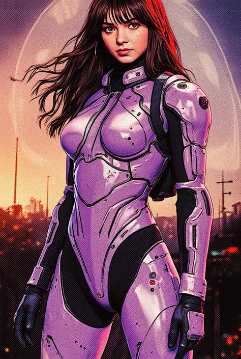  High quality anime photo of sexy woman.  mecha background with military plane landing symbols, a sexy woman expands her big full chest , She is fit fleshy. Her upper thighs and waist is revealing. Extremely beautiful and sexy legs and hips. Her butt curve...