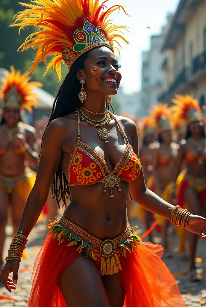 
A vibrant Carnival scene in Brazil, showing the fusion of cultural influences. with elements that refer to the Orixás, How do you count , fluid fabrics and body paints. around, drums echo while Musicians play Afro-Brazilian rhythms, like samba and maracat...