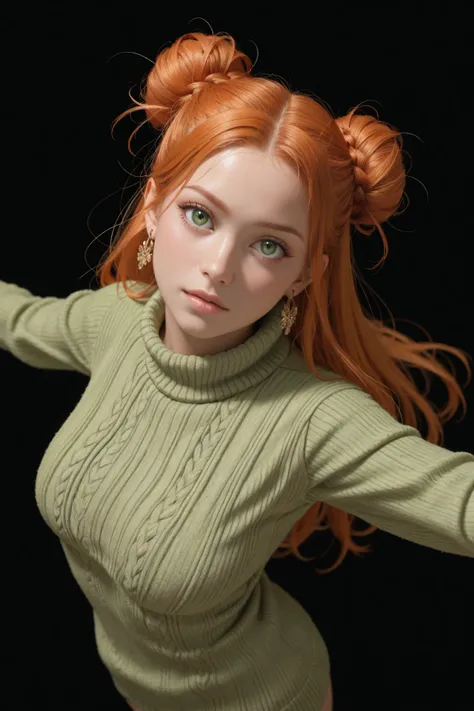 score_9, score_8_above, score_7_above, score_6_above, dancing,  high-contrast, 1 , saboveermodel,  portrait, red-haired, orange hair, hair buns, long hair green eyes, big boobs, (thick purple knitted sweater), Kuromi shaped earrings,  Dark background