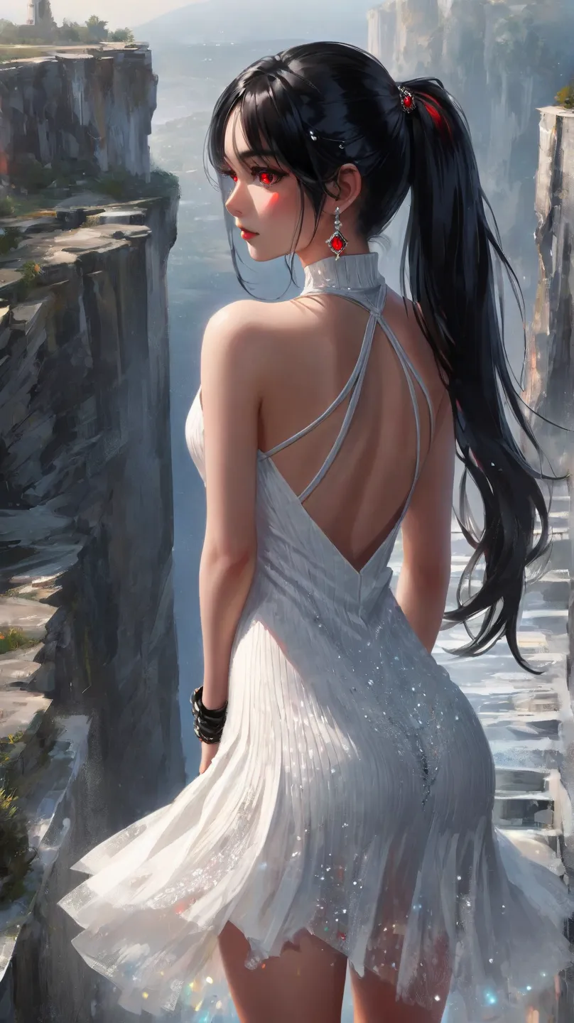  One girl ,  black hair,  red eyes,  very long hair,  high res, accurate,  top quality ,  High Details,  crystal earrings , Overlooking,  abstract , jewelry
1 girl, 　looks like an older sister　 White Knit Dress　 realistic photo images　
The black T-back lin...