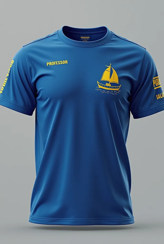 T-shirt for work team in the color blue. with yellow details , Written on the chest on the right side Professor and on the left side of the chest SAILING with a drawing of a sailing boat