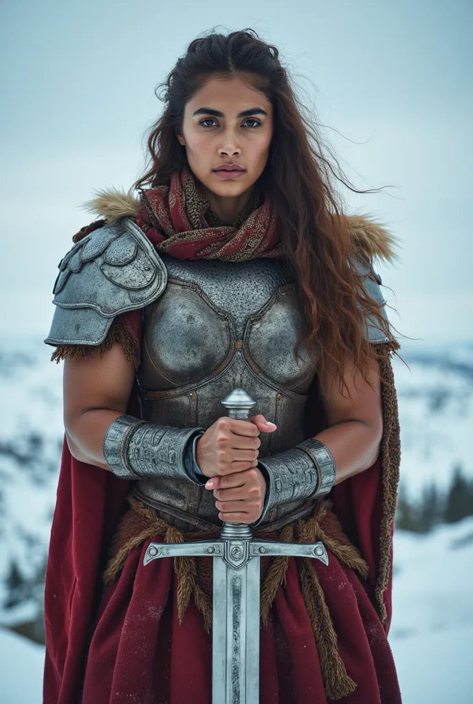 {{warrior woman Pooja , high quality photograph, realistic photo, best quality}}, a (a upper body portrait, High quality photo  showcasing her extremely tall ,toned  and fleshy powerfull physique. She has a strong build.  Long arms and Strong Muscular bice...