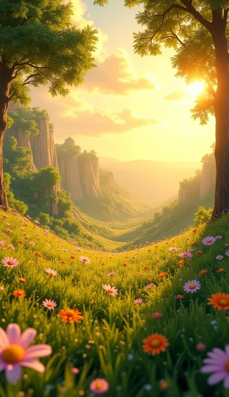 A magical land called Everbliss with golden sunlight, lush green fields, and colorful flowers.
pixar's disney animation style, High Quality, High Details, High Quality, HD,high resolution