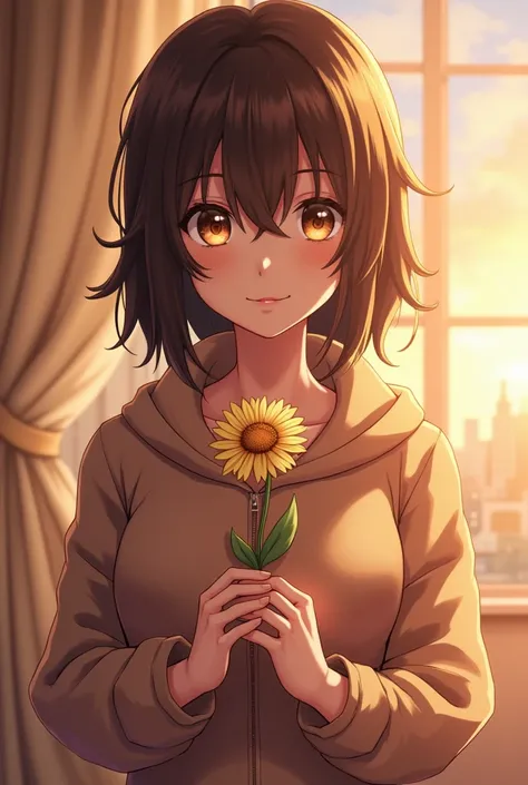  Create an anime girl , of average height, curtain, with hair slightly below the shoulders, amber eyes, medium tits, with a flower in their hands and smiling in an Atack on Titan setting, At the age of 17 , Without a 's face  