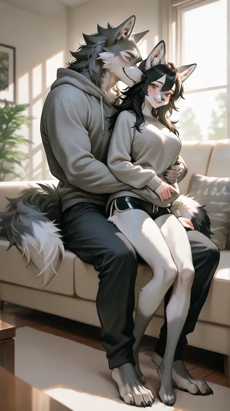 Living room, white couch, day time, sun shining, window, male furry holding female furry wolf, male short hair, brown eyes, male furry muscular body, black hair, black hair, grey fur, grey fur body, long hair, furry female, long hair, brown eyes, furry sno...