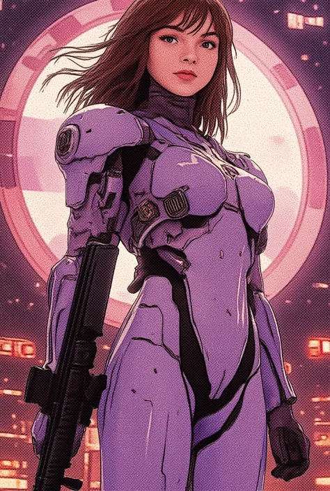  High quality anime photo of sexy woman.  mecha background with military plane landing symbols, a sexy woman expands her big full chest , She is fit fleshy. Her upper thighs and waist is revealing. Extremely beautiful and sexy legs and hips. Her butt curve...