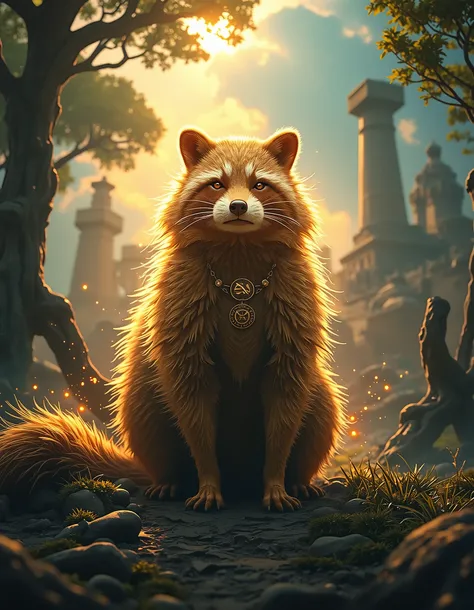 Imagine a raccoon with a golden coat that is a guardian of an absolute primal power in a fantasy world. This Raccoon is an animal of pure power.