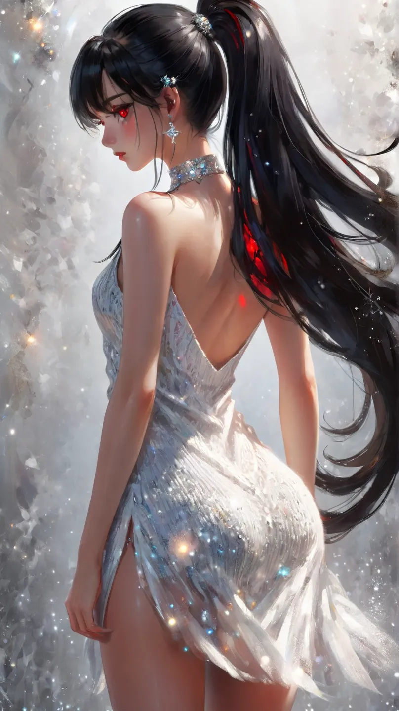  One girl ,  black hair,  red eyes,  very long hair,  high res, accurate,  top quality ,  High Details,  crystal earrings , Overlooking,  abstract , jewelry
1 girl, 　looks like an older sister　 White Knit Dress　 realistic photo images　
The black T-back lin...