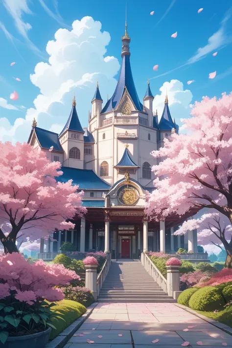 Castle with cherry blossoms in full bloom