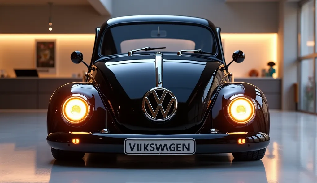 "A 3D-rendered image of a Volkswagen Vintage Pickup Truck captured in a  straight front view, featuring a sleek, shiny creamy black exterior. The front showcases a heavily modified design with a custom headgate, enhanced bumper, and futuristic LED headligh...