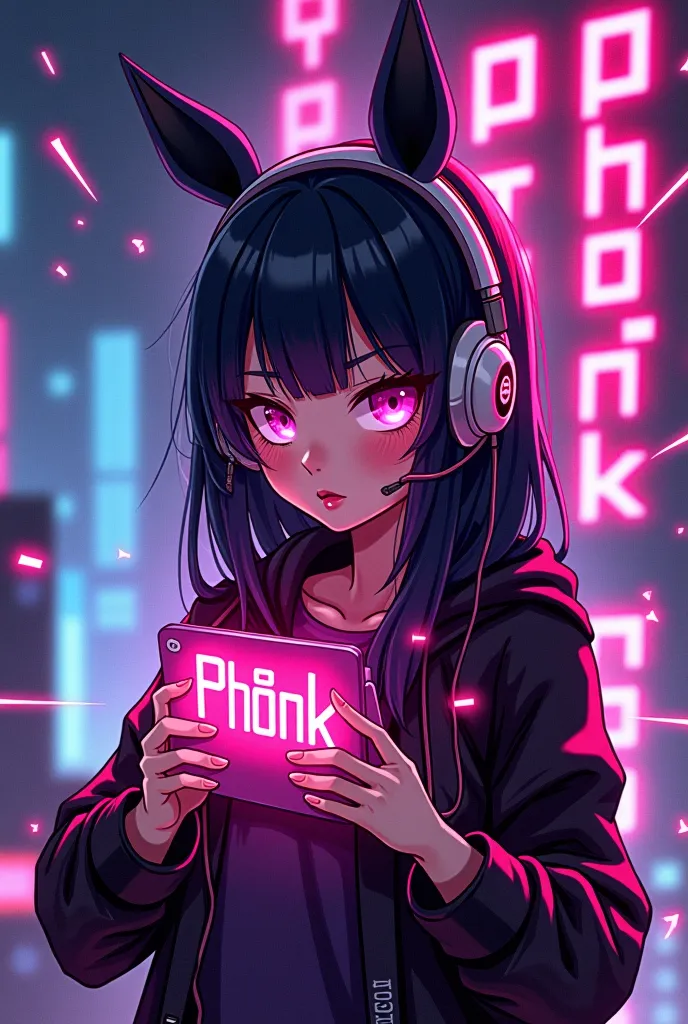 Dynamic and engaging artwork with crazy girl character images and glowing effects,  Futuristic aesthetics , and "phonk" prominently displayed in bold, electronic fonts. Background including energy waves and technology-inspired themes to create an atmospher...