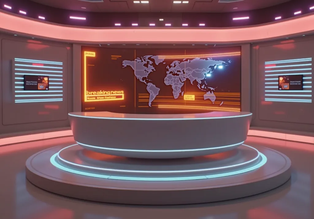 "A futuristic news studio set with a sleek, curved anchor desk at the center, illuminated by vibrant pink and purple LED lights. A large digital screen in the background displays a high-tech world map with glowing orange elements and a breaking news banner...