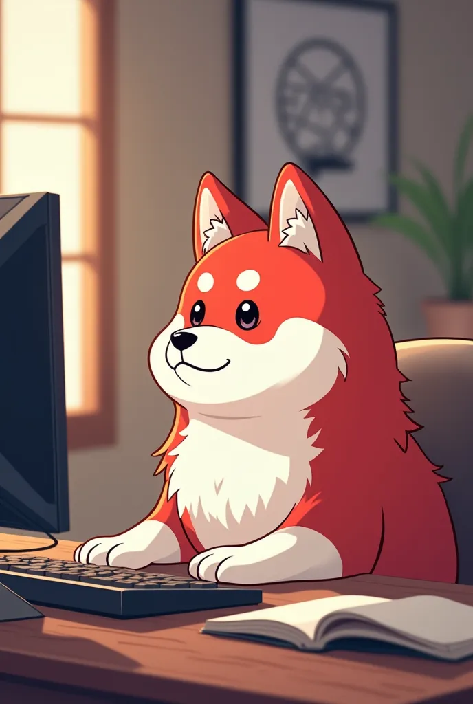 Japanese-style cartoon of adult Akita Inu with white and red fur playing video game in front of the computer 