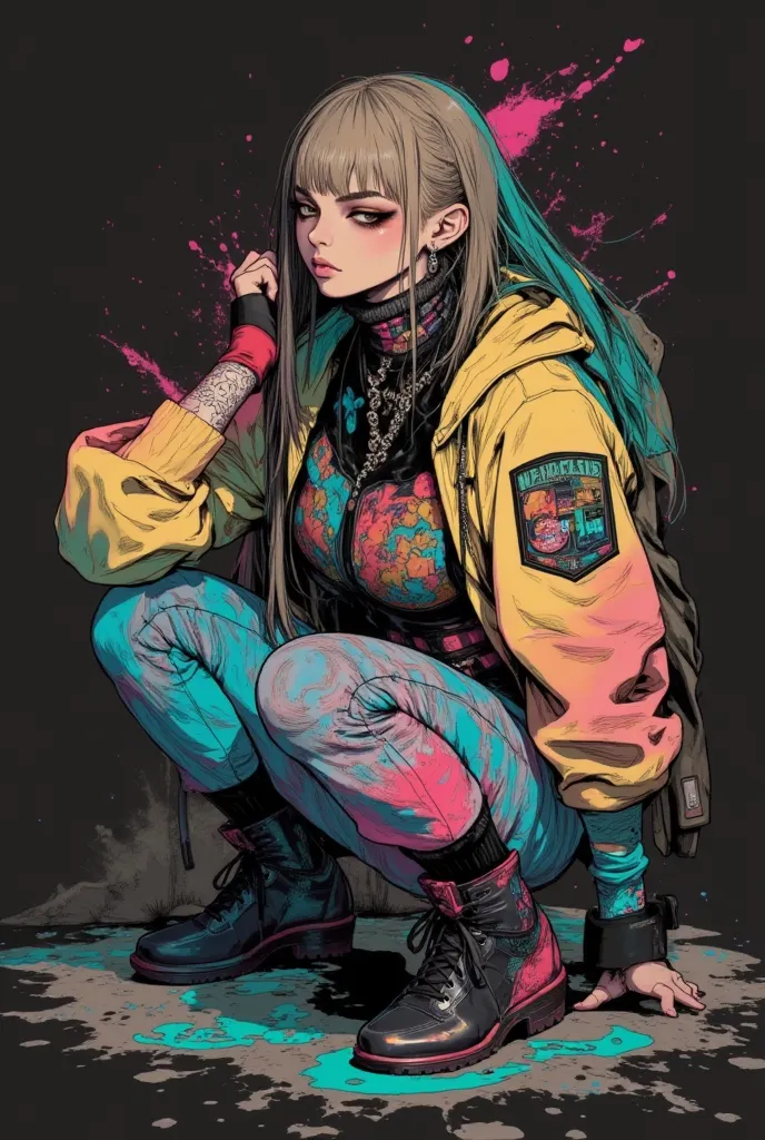 American comic style, illustration, girl, street fashion, dark, skateboard, street, Dark expression, pale face, high resolution, flashy makeup, hard touch illustration, strong outline, side face, multi color wear, street style, cap, sweat, parka, pants, 8k...