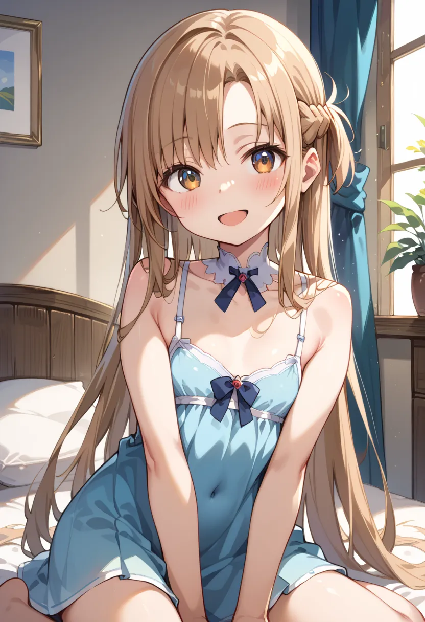 ((Highest quality)), ((masterpiece)), (be familiar with), perfect face, indoors, bedroom, watching viewers,
One woman, Asuna Yuki,
open mouth, ecstatic expression, blush, smile,
 small tits, flat chest, Young girl,  lori,  ,  girl,
 long hair, long hair,
 ...