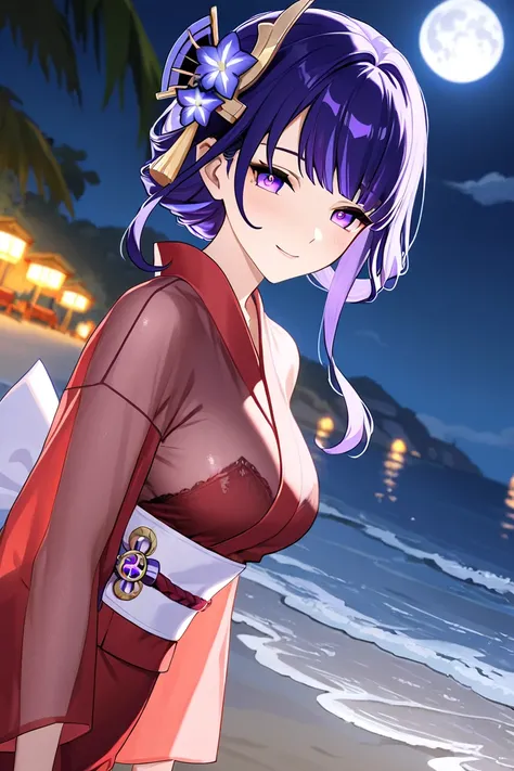 1 girl, Translucent fabric, beach, summer, smile on face, wife ,   smile on her face, 1 girl , purple eyes, kimono miko, red kimono, wedding kimono, night, moon🌙, genshin impact, raiden Shogun , Adult woman, wife, Different hairstyles, Beautiful hairstyles