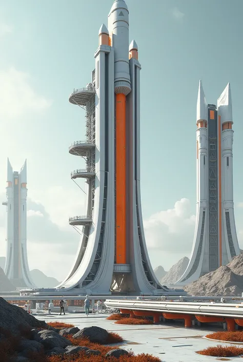 Exterior of a small sci-fi rocket launch facility with a modern design and accent colors ow white and dark orange, concept. 3d environment. ultrarealism, fine details