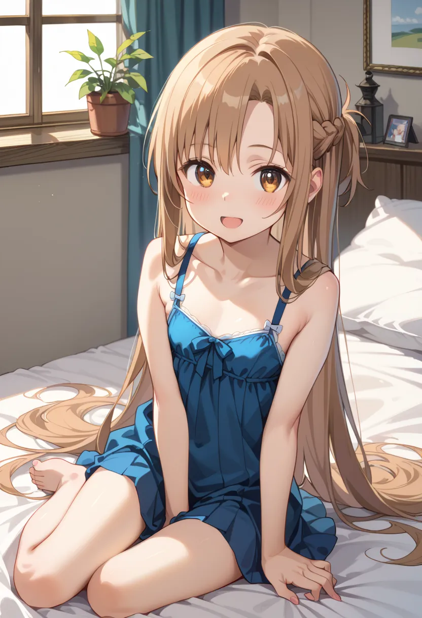 ((Highest quality)), ((masterpiece)), (be familiar with), perfect face, indoors, bedroom, watching viewers,
One woman, Asuna Yuki,
open mouth, ecstatic expression, blush, smile,
 small tits, flat chest, Young girl,  lori,  ,  girl,
 long hair, long hair,
 ...