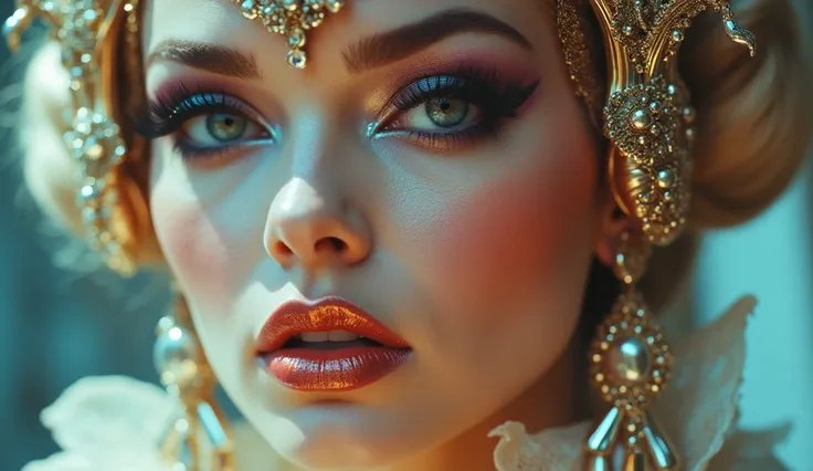 Close-up of a stunning opera singer with shimmering metallic lipstick and an intricate chrome headpiece. Her eyes, lined with glowing neon eyeliner, radiate confidence as she prepares to perform. Soft cinematic lighting, pastel tones with deep gold accents...