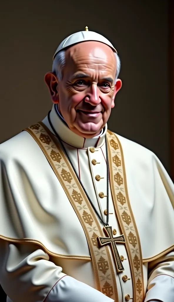 Pope Francis dressed in white religious costumes and a solideo on his head. He is in front of 