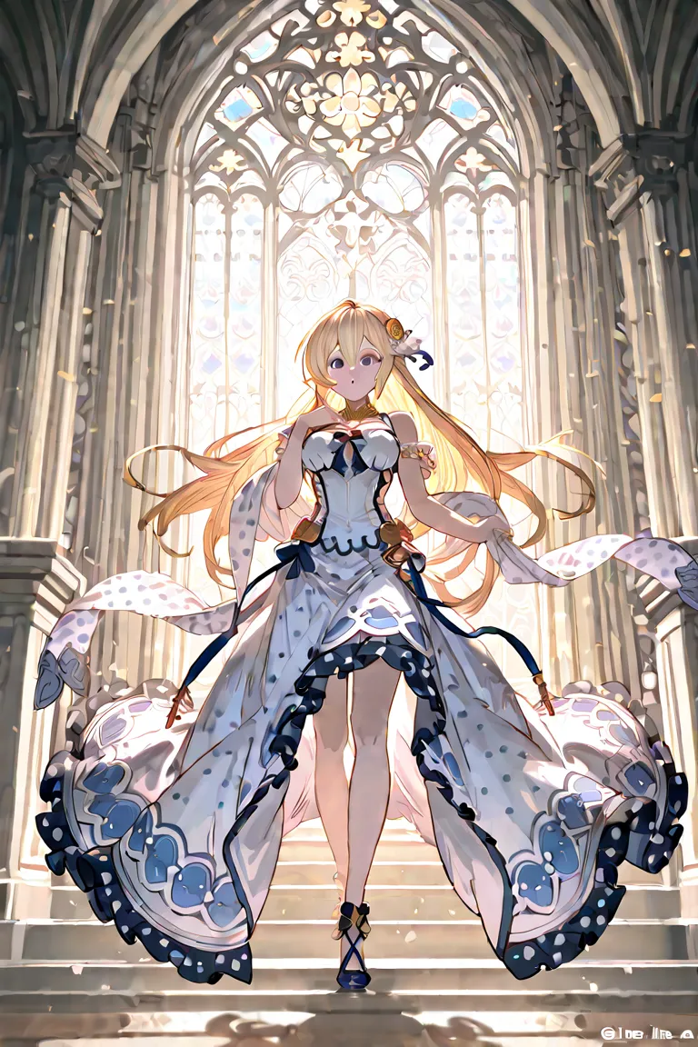 It looks like Europa from Granblue Fantasy, wearing a thin dress with a white background and a large blue polka dot body line only on the skirt part, is fascinated by looking over at a snowy church