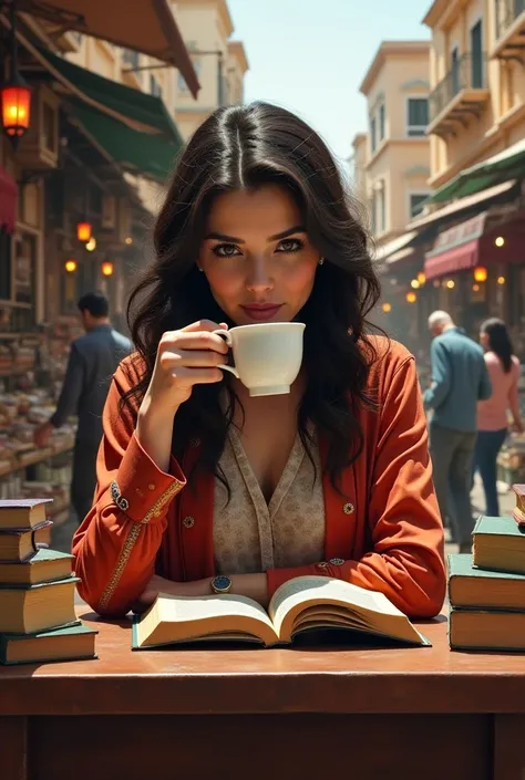 Draw me a girl drinking coffee and reading books on Al-Mutanabi Street in Baghdad
