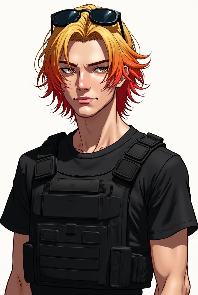 A white and blond man , with red highlights in her hair, light brown eyes with a sly glow. wears a black t-shirt and a black bulletproof vest, wearing dark glasses on the top of his head. in drawing.